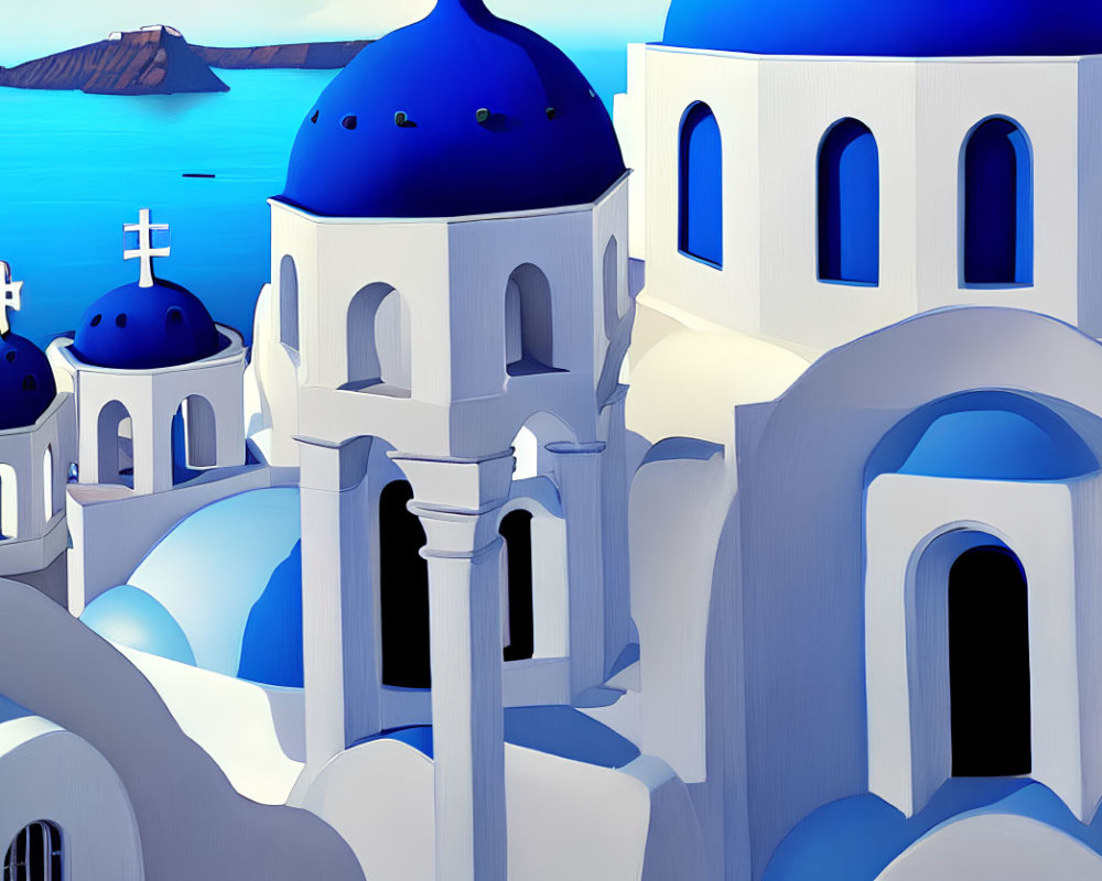 Santorini, Greece: White and Blue Domed Buildings by Calm Sea