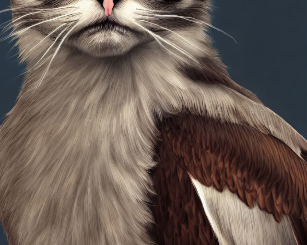 Digital artwork: Cat head, eagle body, mythical creature with yellow eyes.