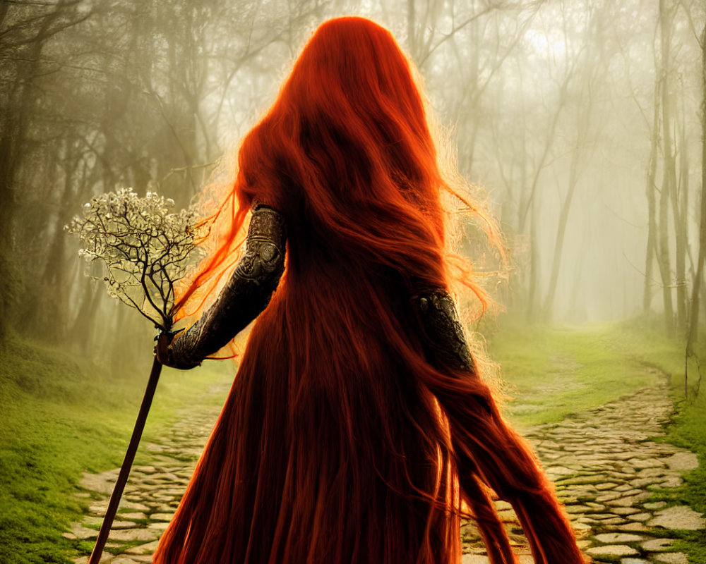 Red-haired person in dark dress with staff in misty forest