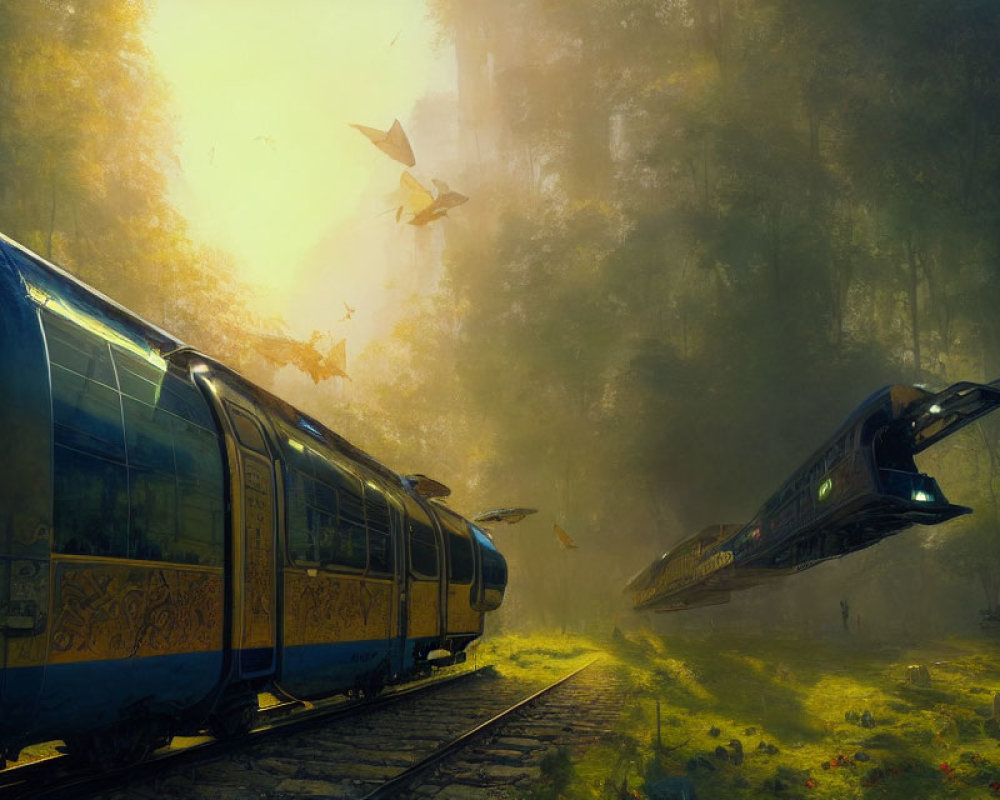 Futuristic trains in misty forest with floating ships & wildlife