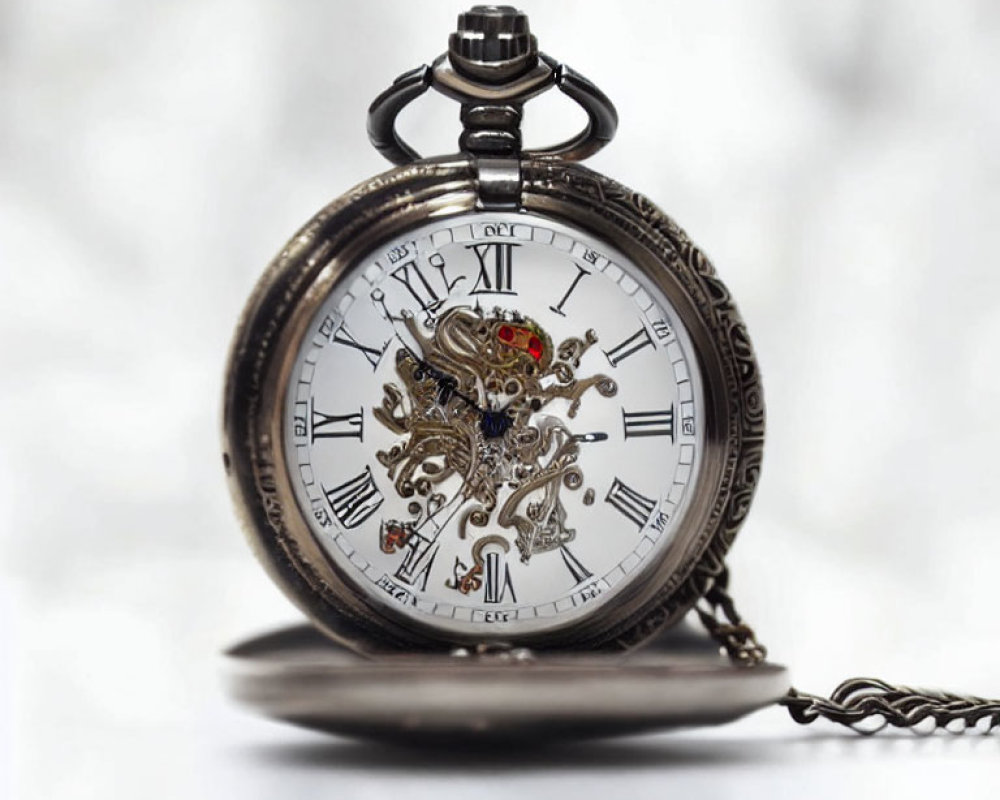 Vintage Open-Faced Pocket Watch with Intricate Gears and Roman Numerals