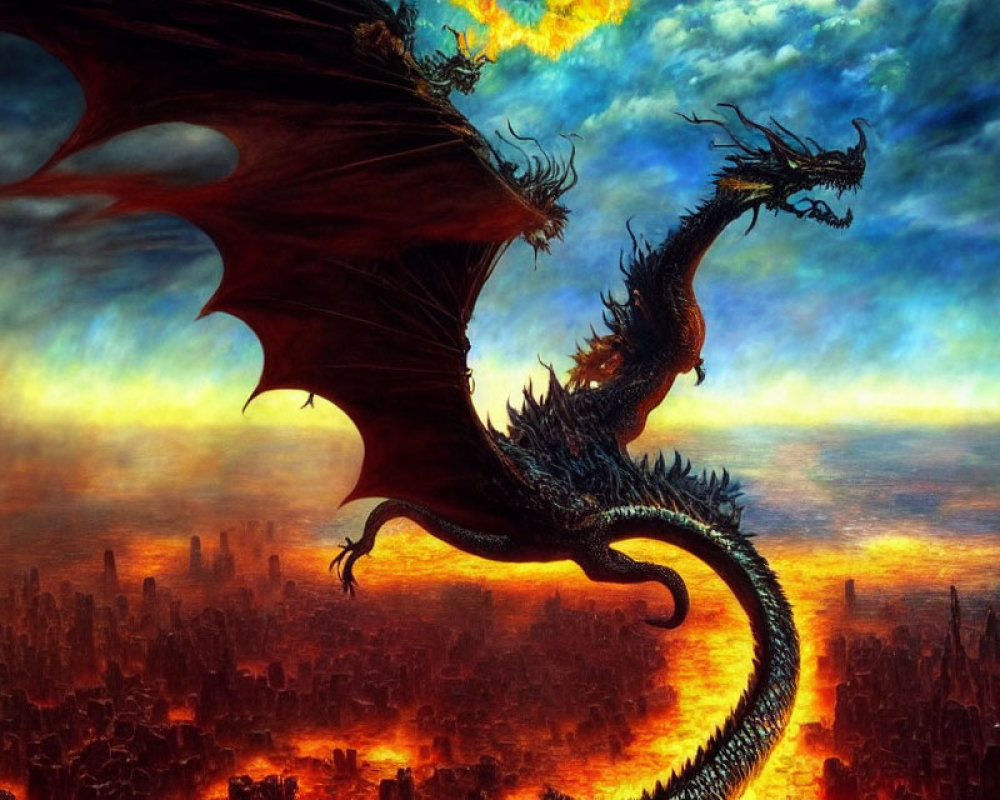 Majestic dragon flying over burning cityscape with dramatic sky