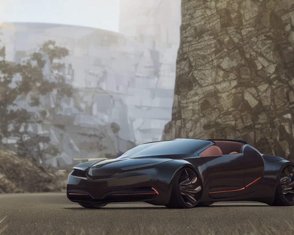 Black sports car with orange accents parked near stone wall and modern buildings in background