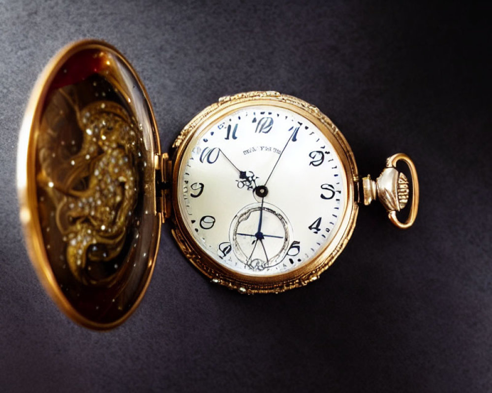 Intricate Gold Pocket Watch with Roman Numerals on White Face