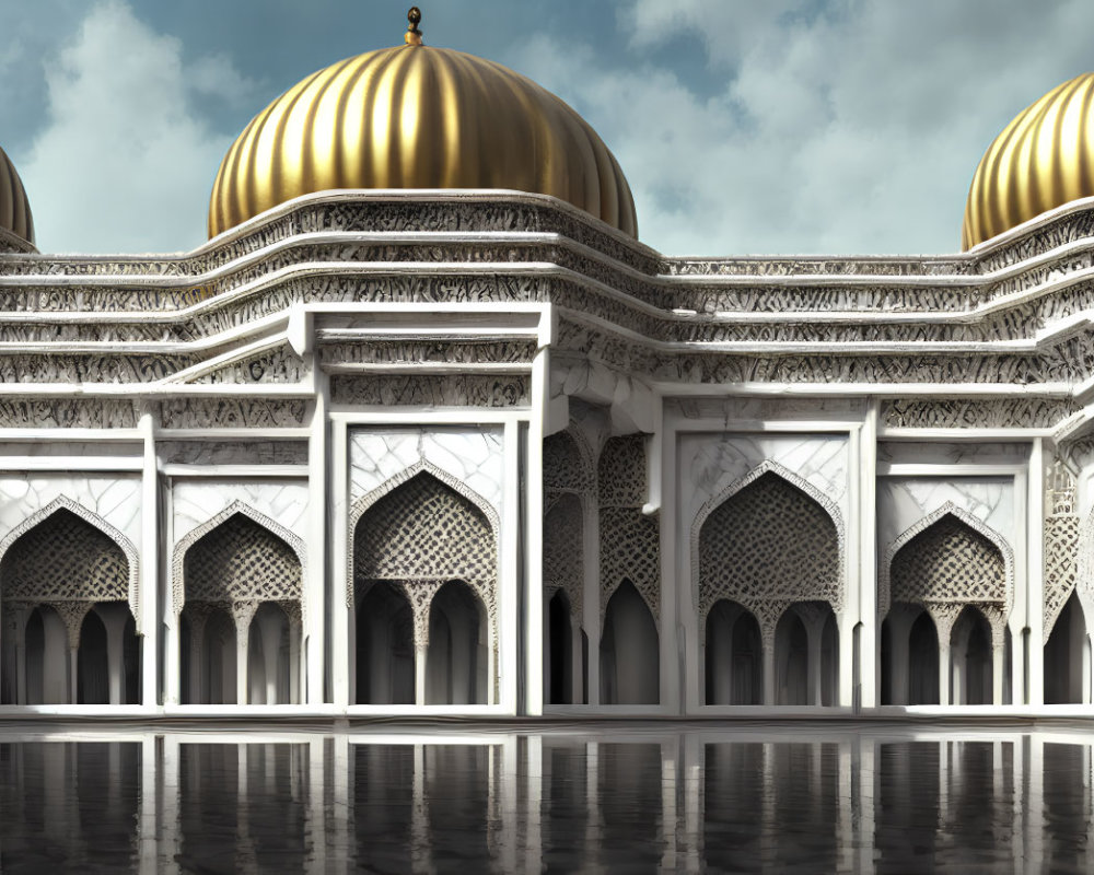 Ornate Mosque with Golden Domes and White Marble Fretwork