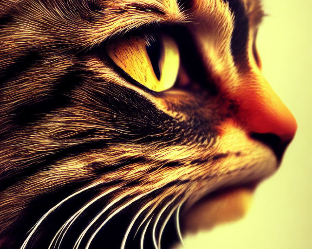 Tabby Cat with Amber Eyes and Distinct Markings in Profile View