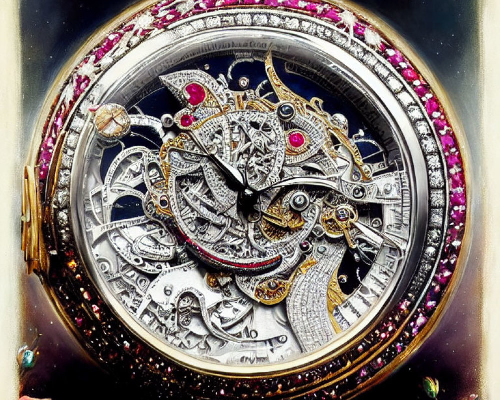 Exquisite pocket watch with exposed gears, jewel embellishments, and rose accents