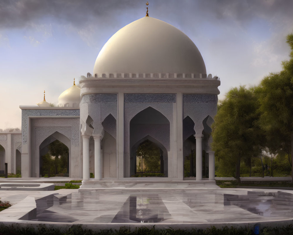 Elegant mosque with large dome and intricate patterns at dusk