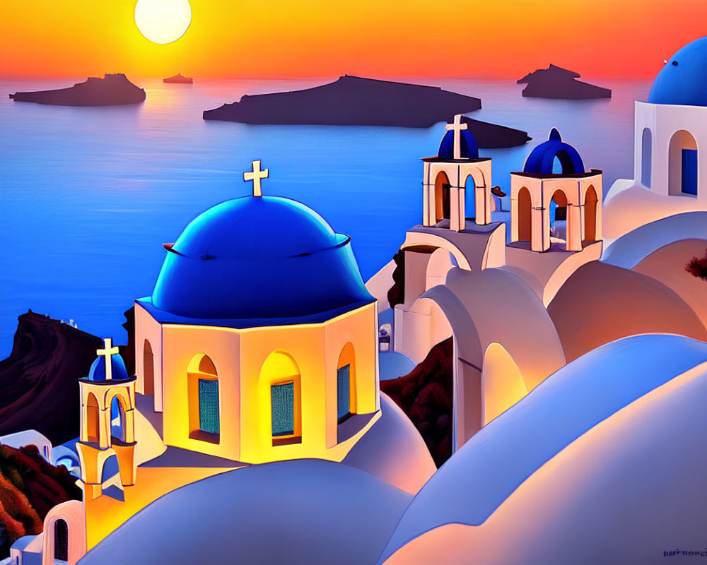 Santorini sunset painting with blue-domed churches and cliffs