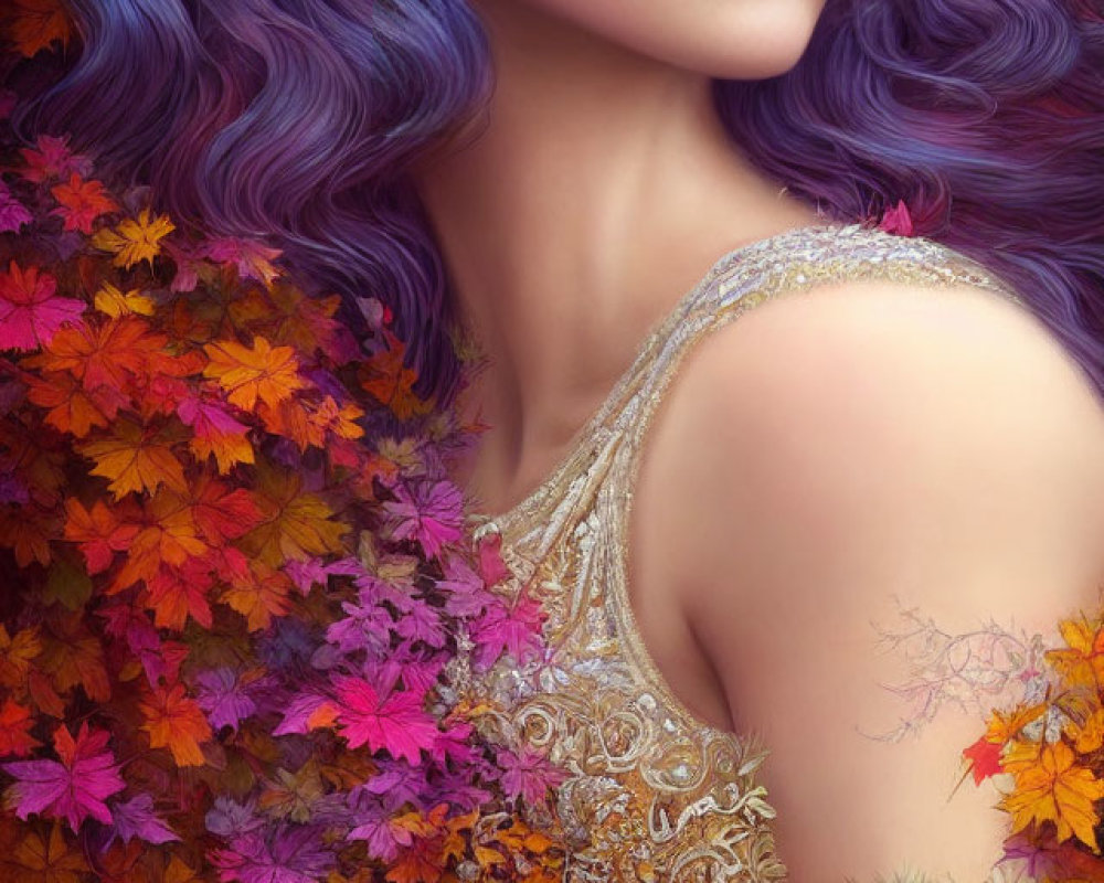 Woman with Purple Hair and Orange Flowers, Shoulder Covered in Autumn Leaves