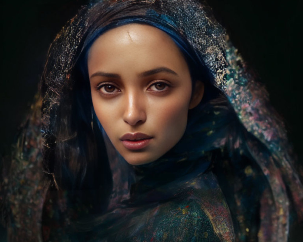 Intense gaze of woman in colorful shawl on dark background