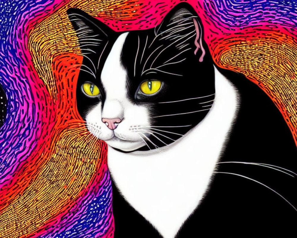 Stylized black and white cat with yellow eyes on cosmic background