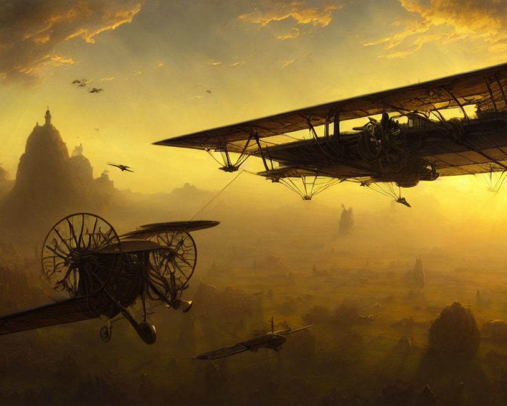 Biplane over mystical landscape with rock formations and golden sunset