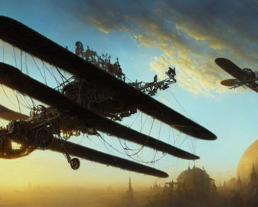 Intricate Steampunk Airships Soar Over City Silhouette