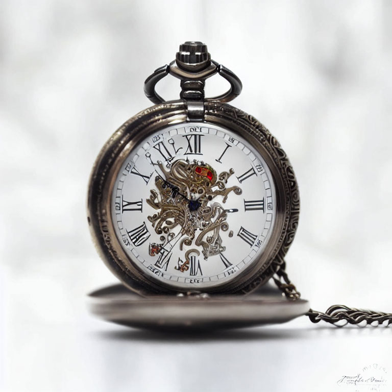 Vintage Open-Faced Pocket Watch with Intricate Gears and Roman Numerals