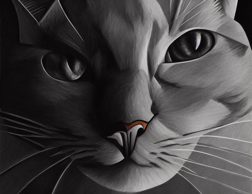 Detailed grayscale cat illustration with intense gaze and prominent whiskers