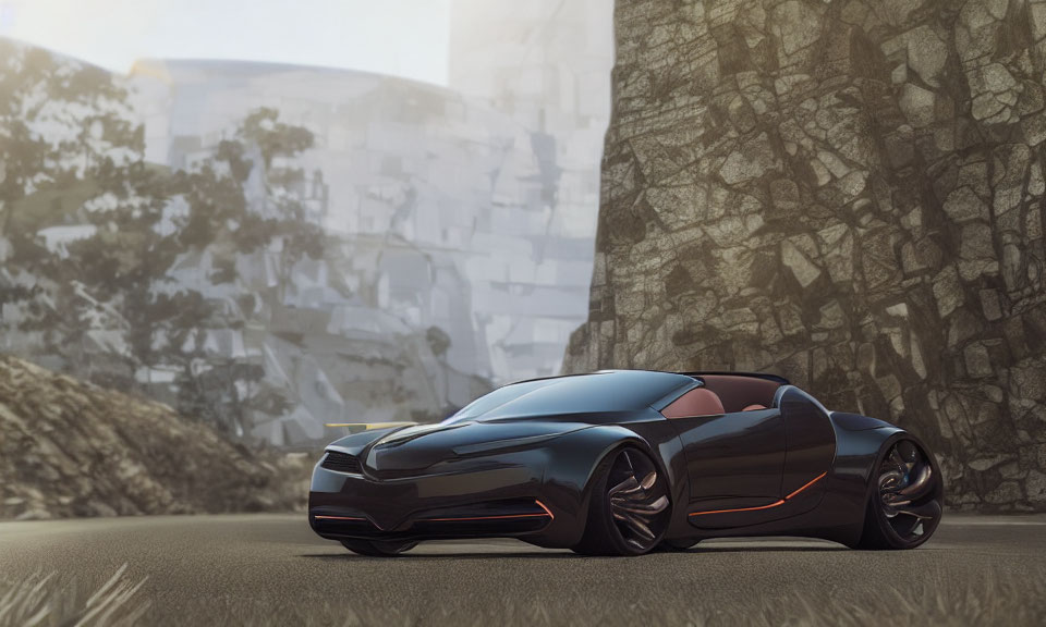 Black sports car with orange accents parked near stone wall and modern buildings in background