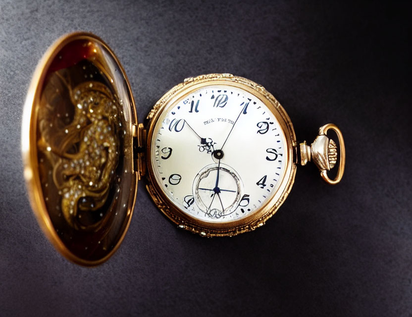 Intricate Gold Pocket Watch with Roman Numerals on White Face