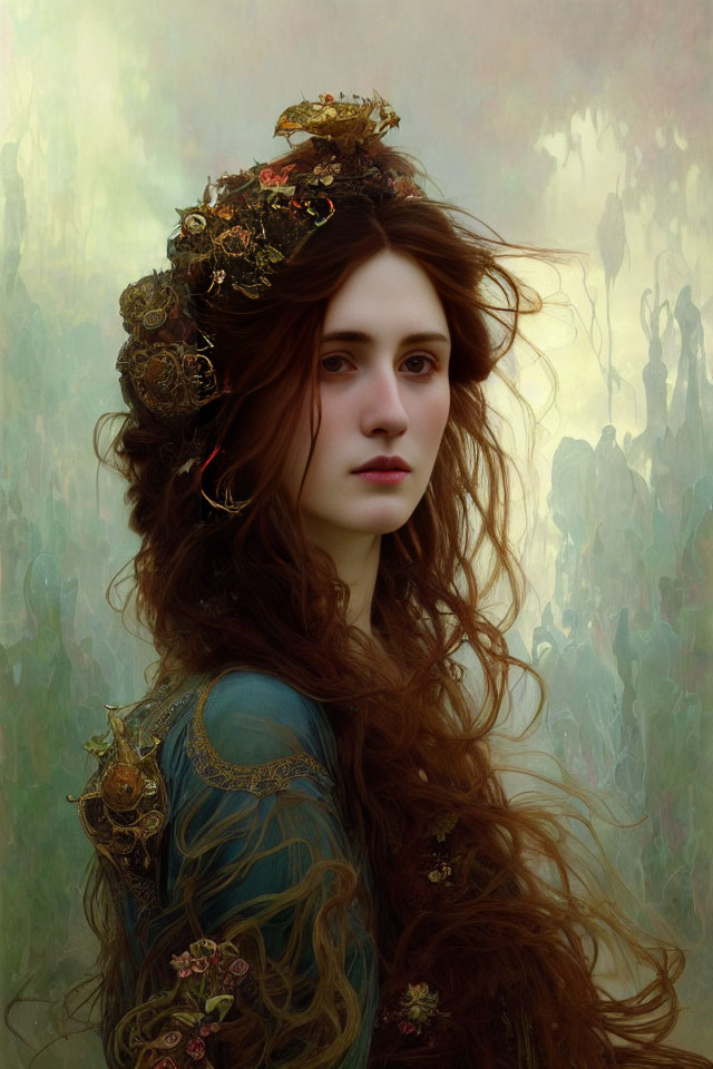 Woman with Long Wavy Hair and Golden Crown on Ethereal Background