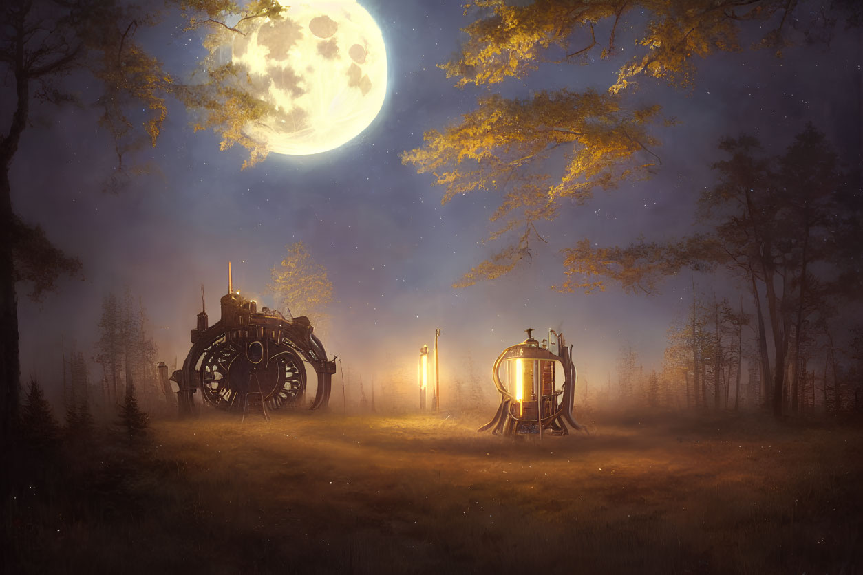 Fantasy scene with full moon, forest clearing, steampunk vehicle, vintage lamp post