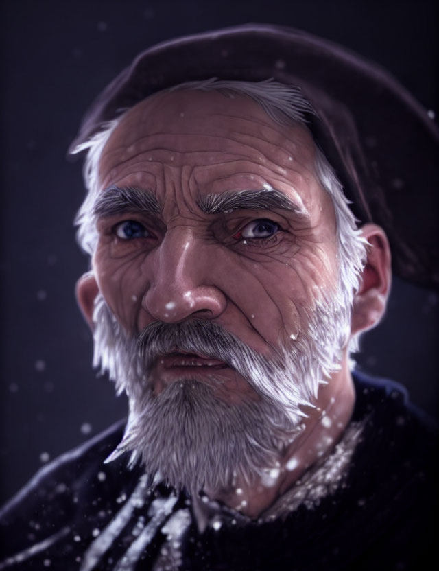 Elderly man with gray beard and hat in contemplation under snowfall