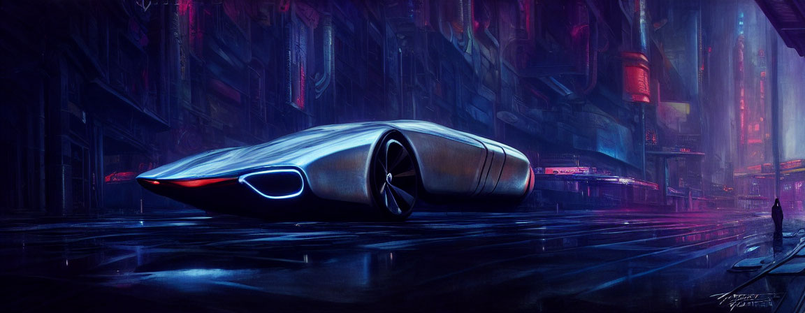 Sleek silver futuristic vehicle hovers over wet city street at night