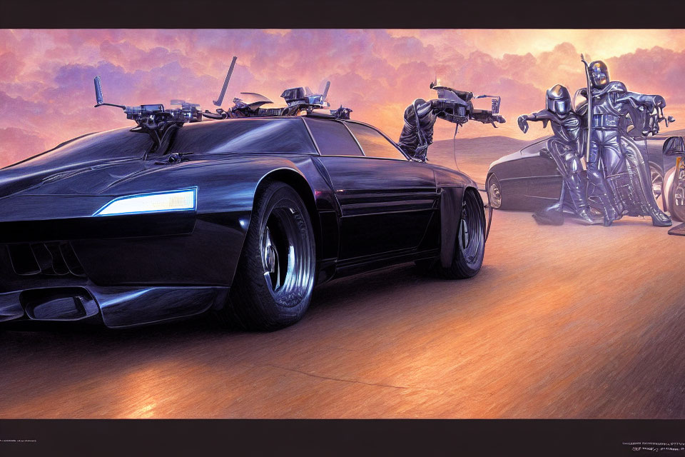 Futuristic black car with mounted weapons and armed robotic figures in sunset scene