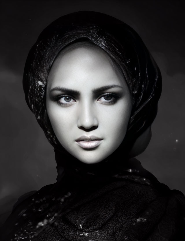 Monochrome portrait of woman with intense eyes and glittering headscarf on dark background