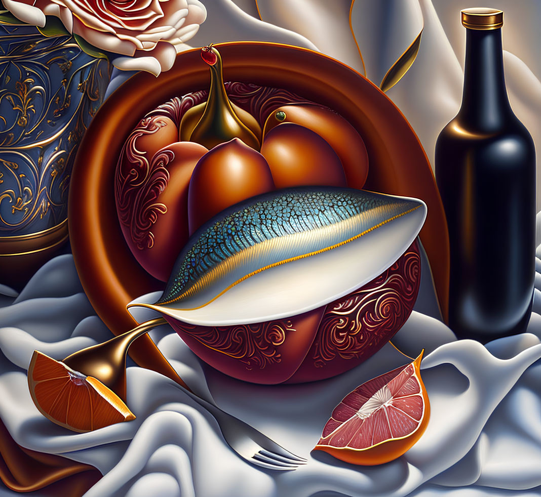 Surreal still life: fish, fruits, bottle, vase, rose, draped cloth