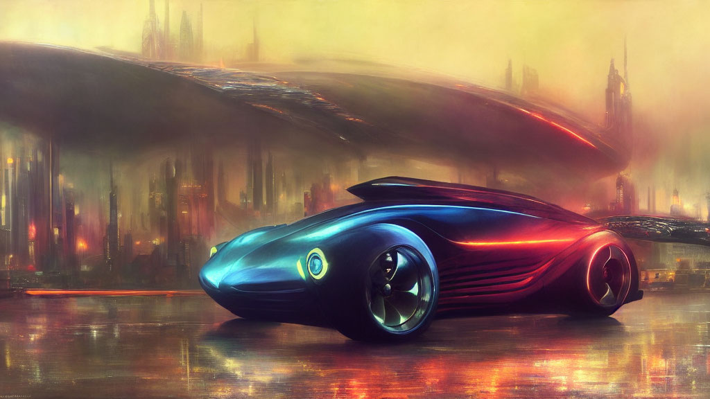 Sleek futuristic car in vibrant colors parked in cityscape with advanced architecture