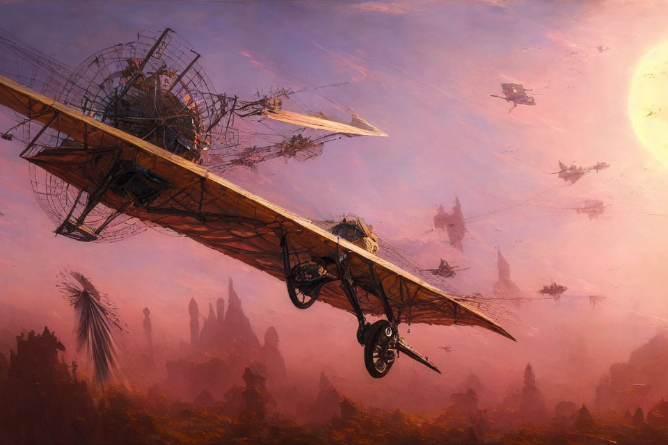 Mechanical flying machine with intricate wings in pink sky above fantastical landscape