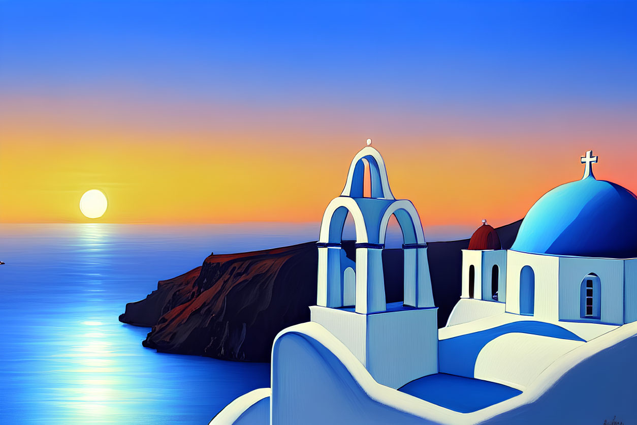 Scenic Greek island village with blue-domed churches at sunset