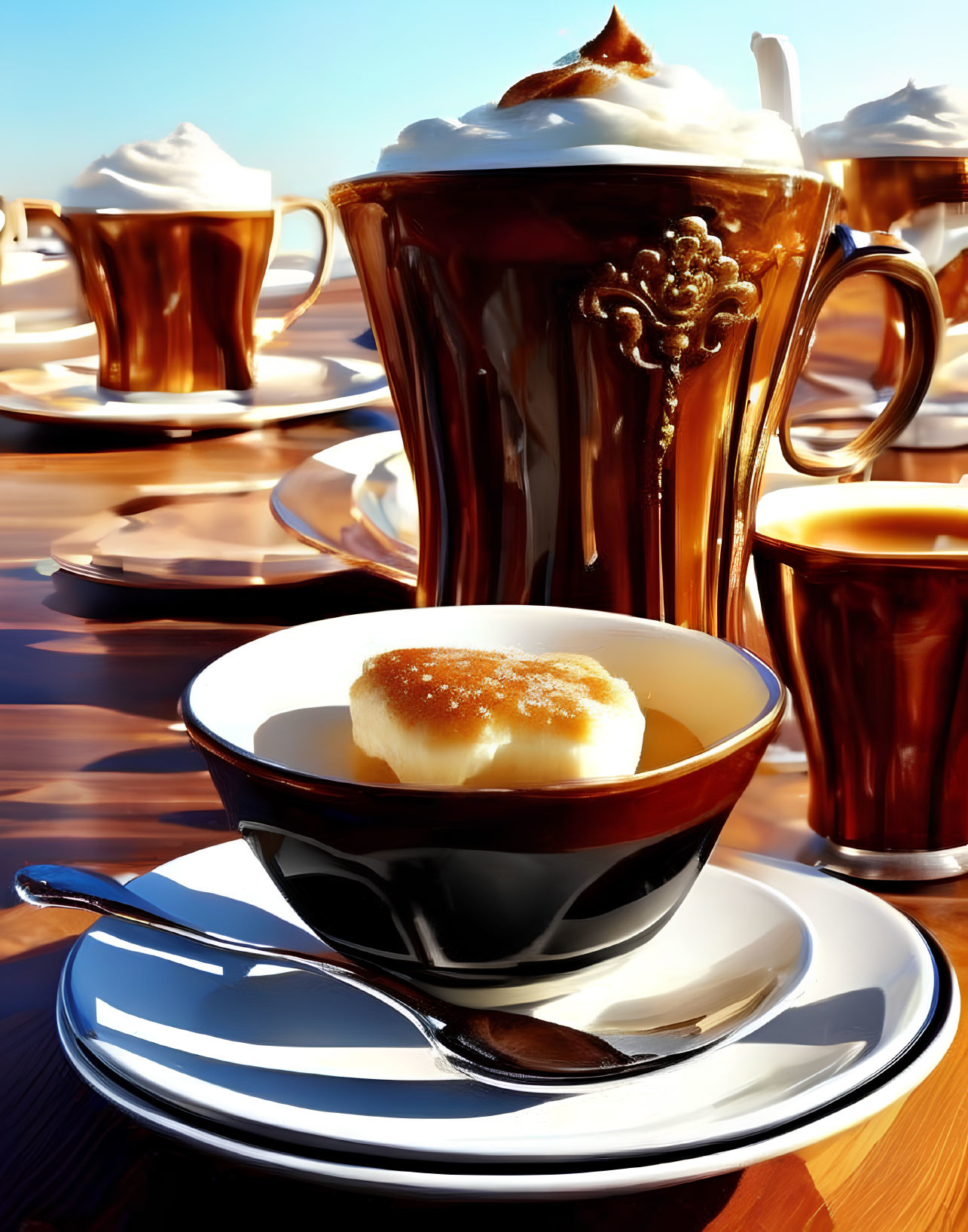 Shiny cup with creamy drink, saucer, spoon, and dessert on reflective surface