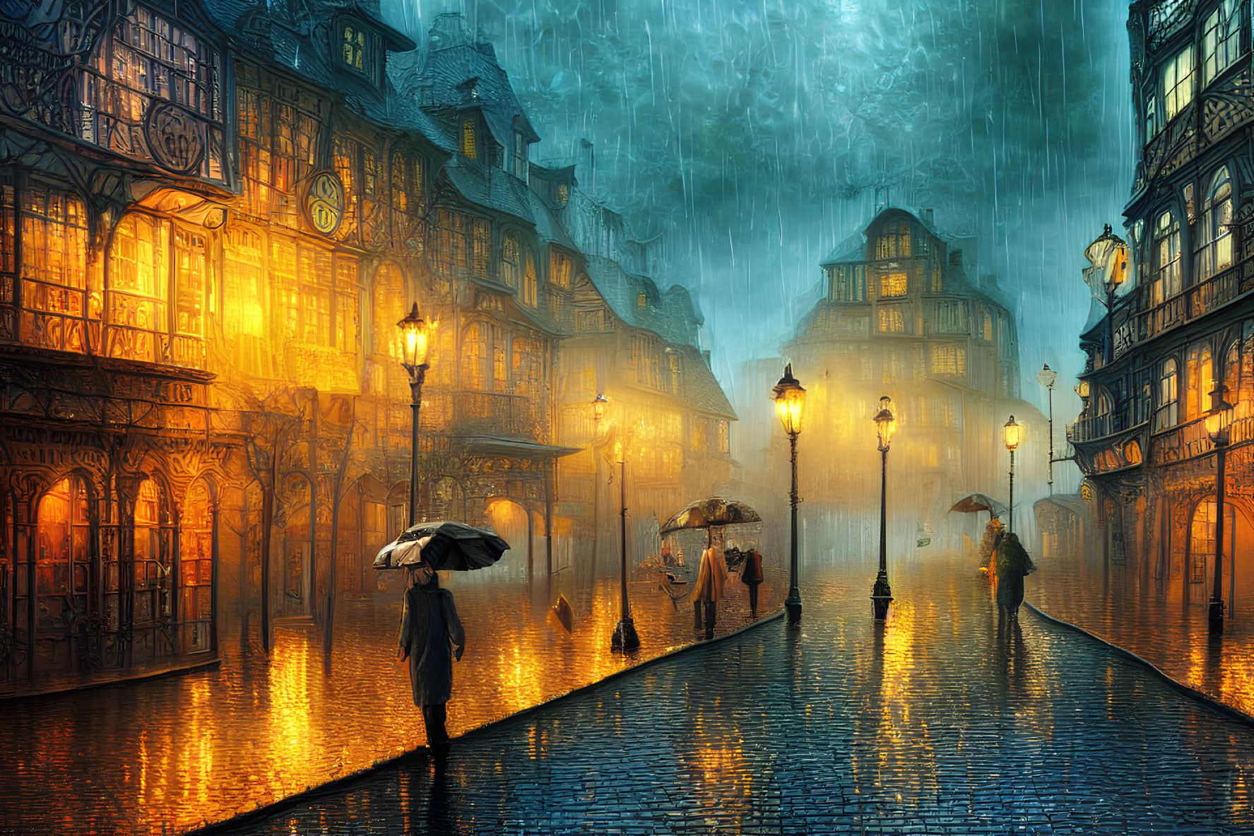 Rainy cobblestone street with people and vintage clock in warm light