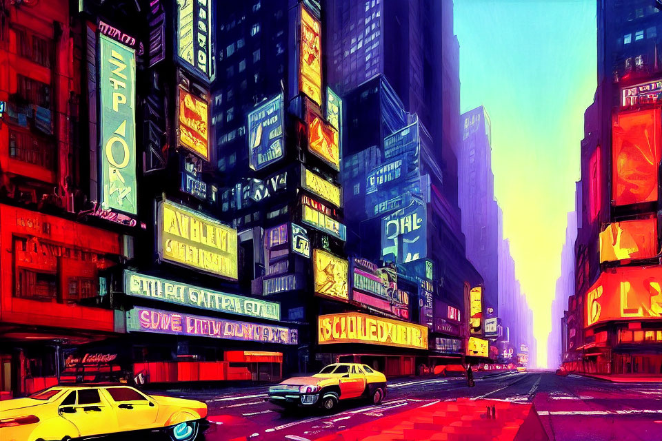 Colorful neon-lit city street with vintage cars and billboards