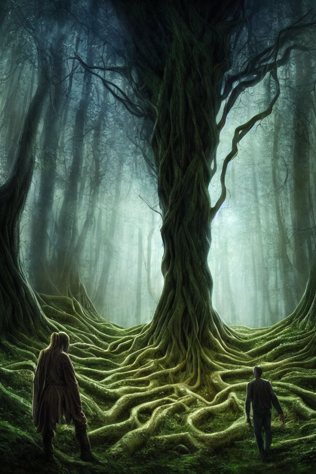 Two individuals near twisted tree in misty forest.