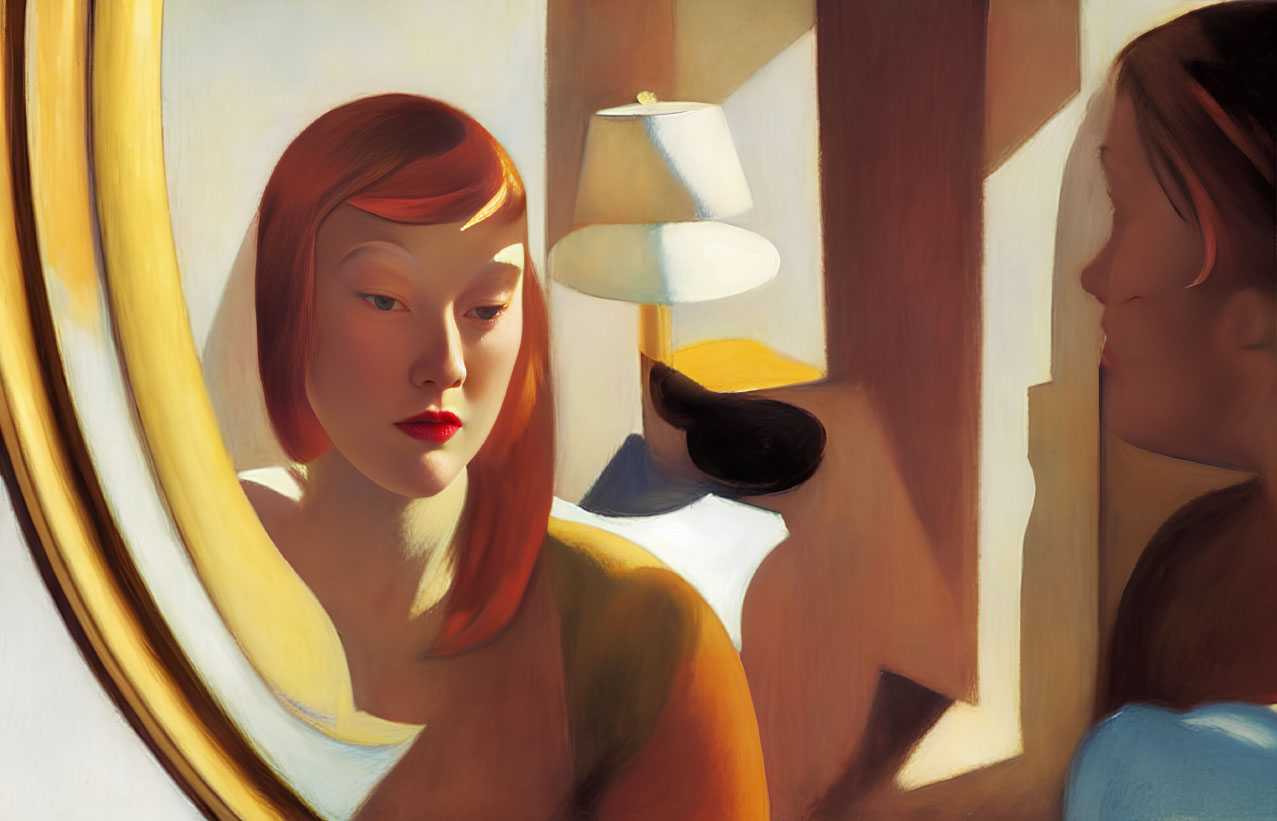 Red-haired woman reflected in round mirror with lamp and another woman's reflection in warm tones