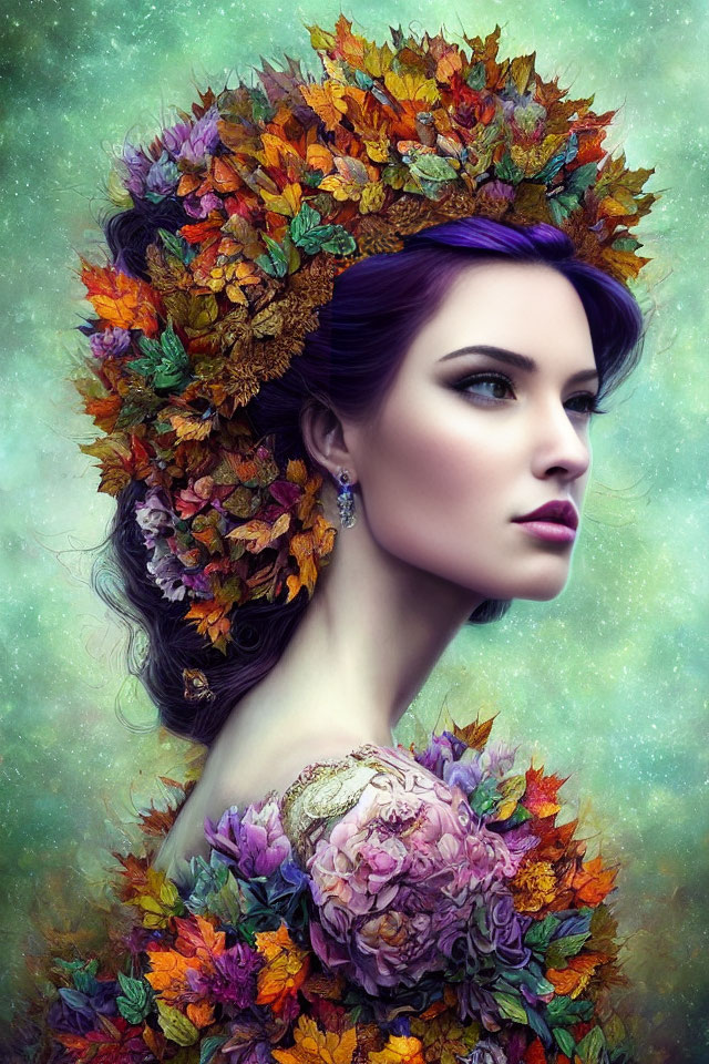 Violet-haired woman with autumn crown and floral details on shoulders in green backdrop