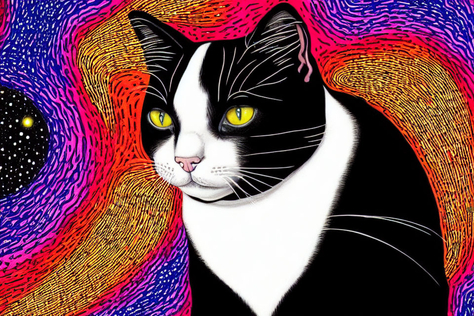 Stylized black and white cat with yellow eyes on cosmic background