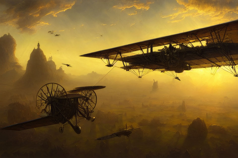 Biplane over mystical landscape with rock formations and golden sunset