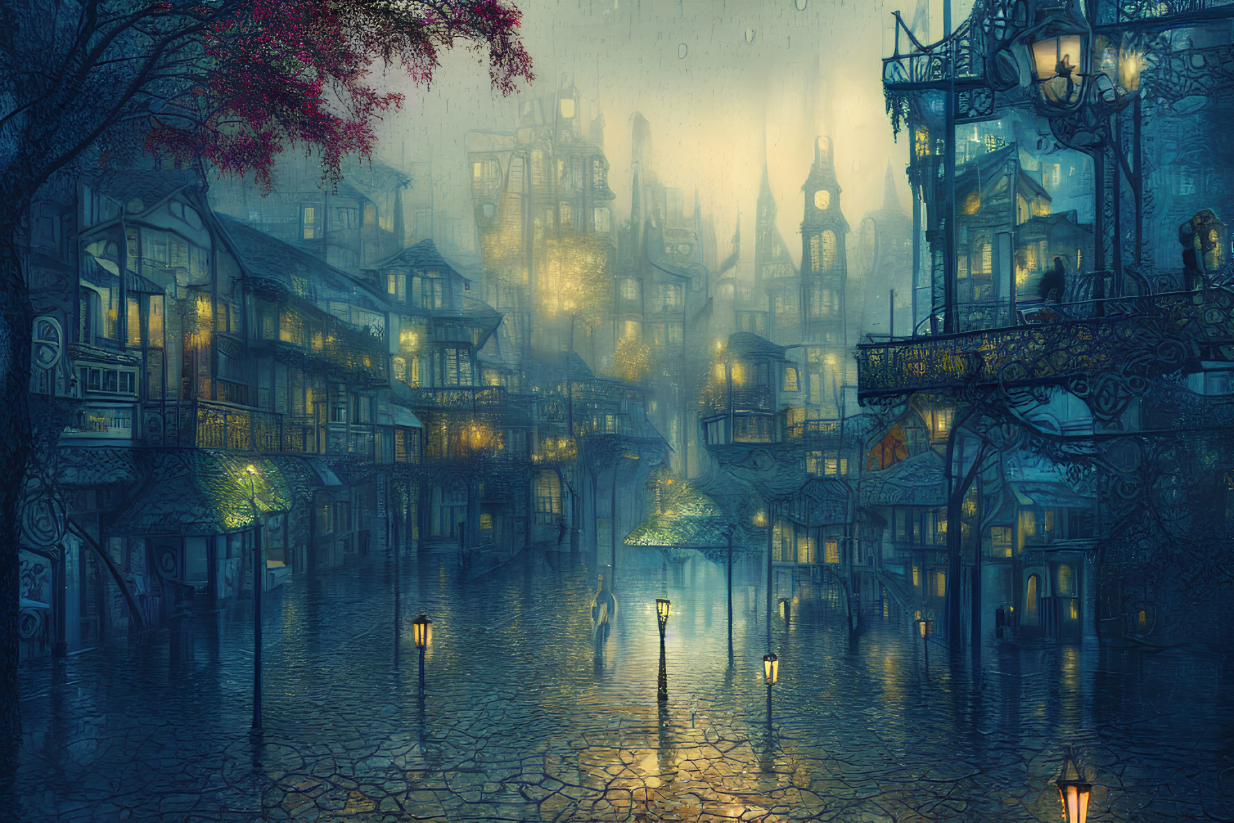 Cobblestone street in misty town with vintage buildings at dusk