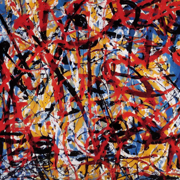Vibrant chaotic abstract painting with red, blue, white, and yellow streaks on dark background