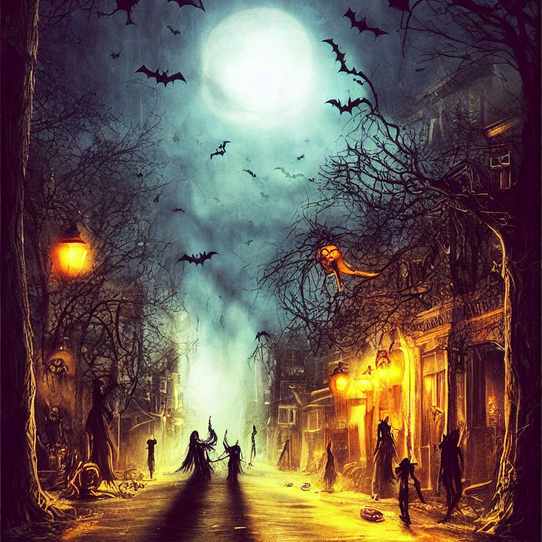 Eerie full moon street scene with bats, orange lights, silhouettes, and misty atmosphere