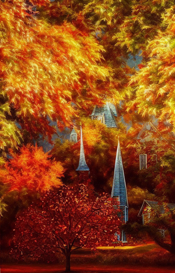 Vibrant autumn landscape with orange and red foliage and quaint houses.