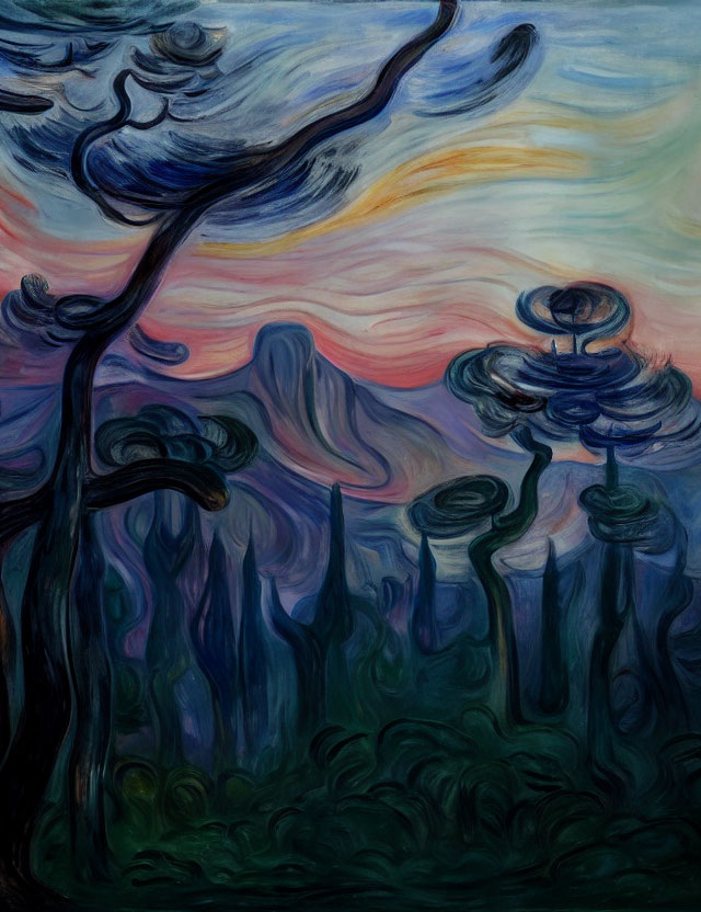 Vibrant Van Gogh-style painting with swirling skies and abstract trees