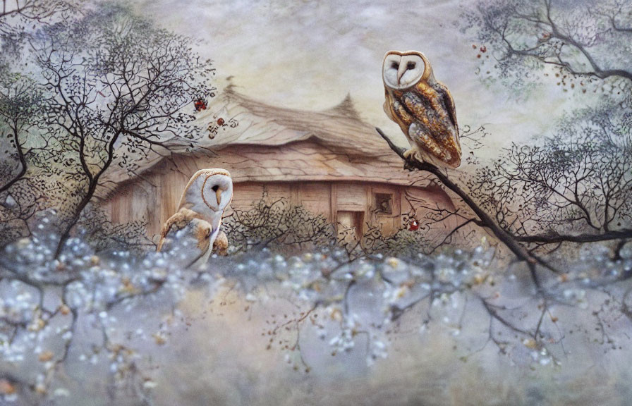 Owls on blooming branches with traditional house in misty landscape