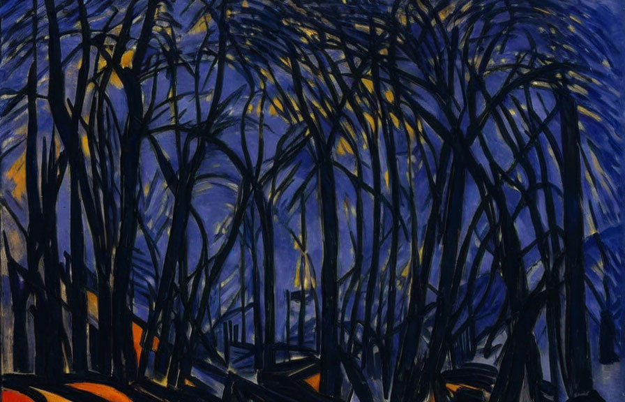 Night Scene Painting with Luminous Yellow Moon and Swirling Tree Branches