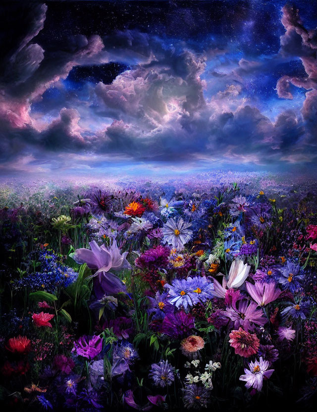 Colorful Flowers in Night Sky with Stars and Clouds