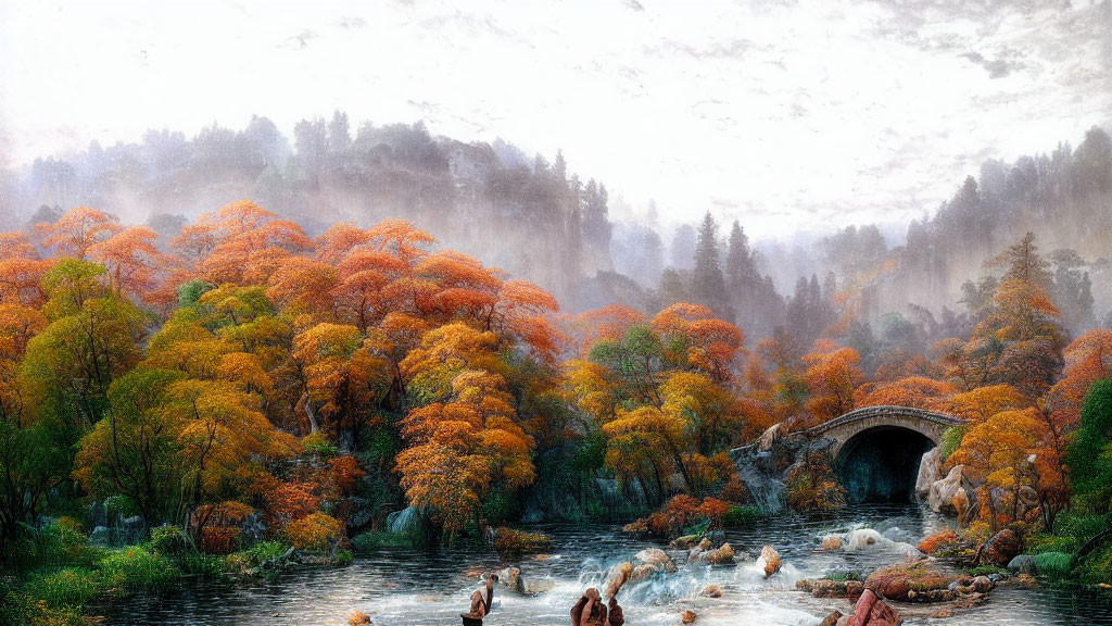 Scenic autumn landscape with stone bridge, colorful foliage, misty forest, and figures by river