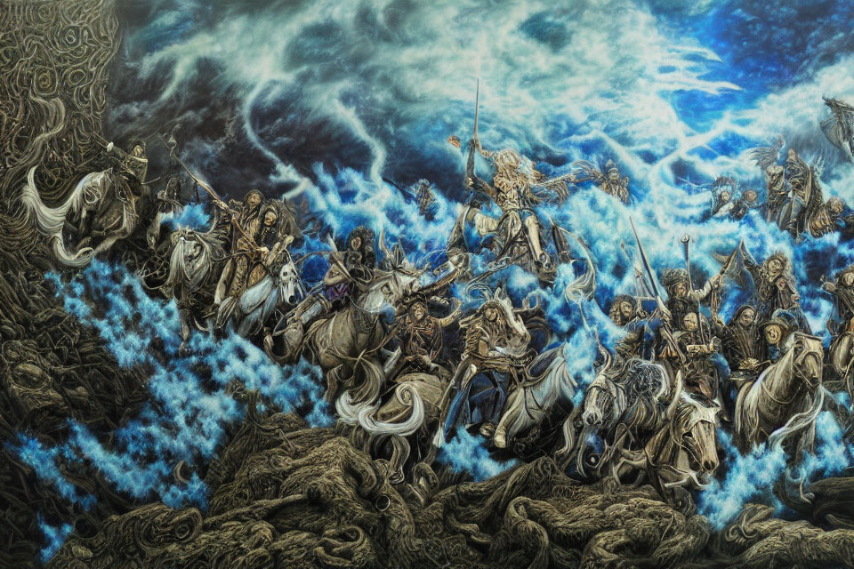 Armored warriors on horseback in dramatic fantasy battle scene
